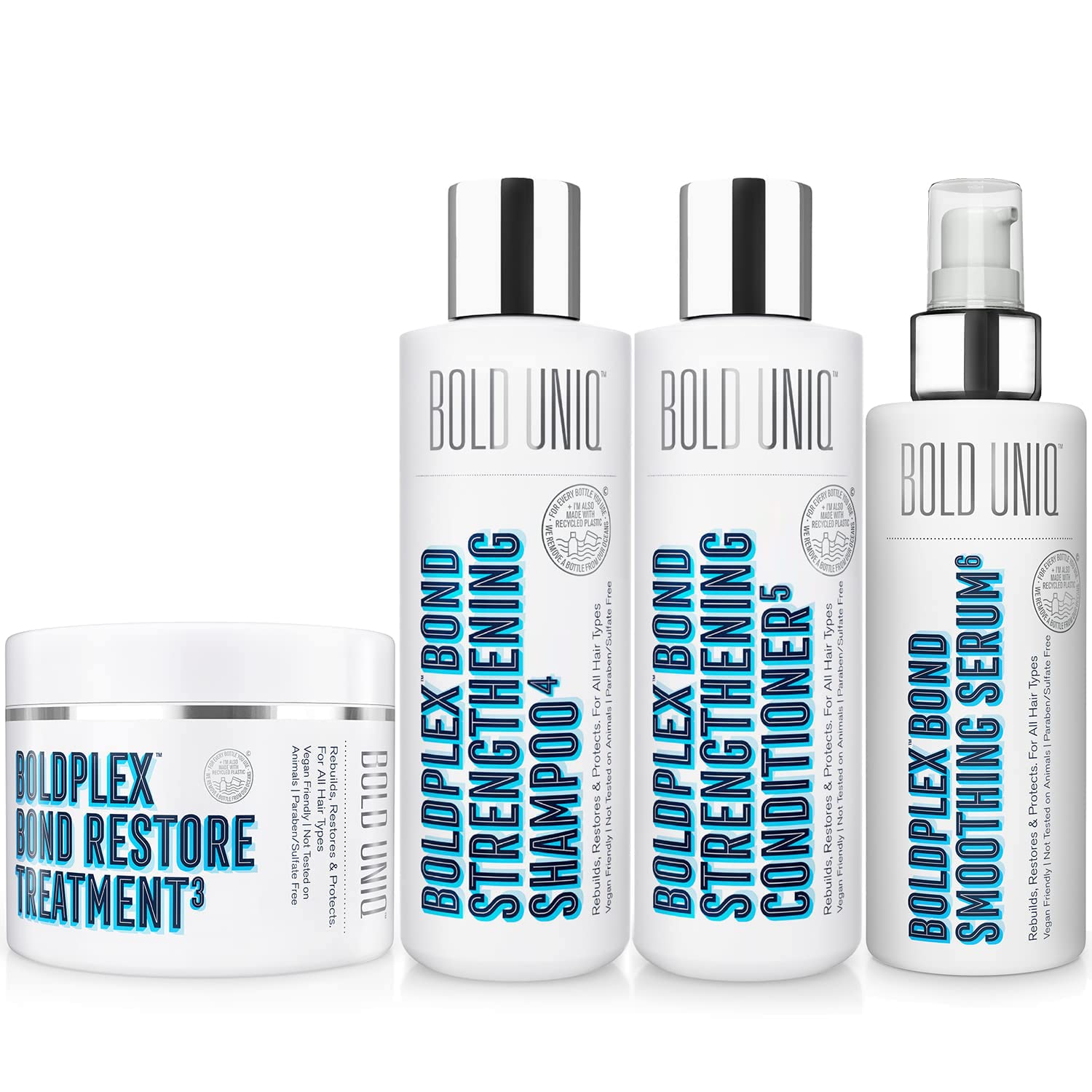 BOLD UNIQ BoldPlex Bundle - Hair Repair Treatment Set with Bond Restore, Hydrating Shampoo & Conditioner, Nourishing Serum - For Dry, Damaged, Curly, Colored, Frizzy, Broken & Bleached Hair - Salon Quality At-Home Care for Soft, Shiny & Healthy Locks