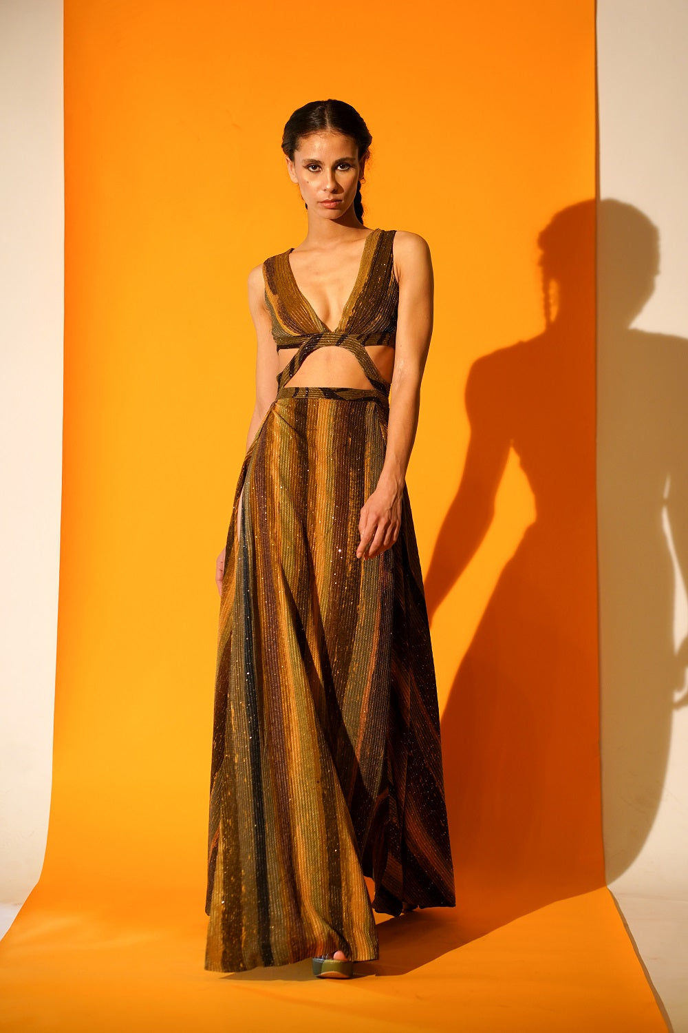 Elegant Green Stripe Print Cut Out High Slit Dress for Women - Sexy Party & Evening Gown for Night Out, Club, Date Night & Special Occasions