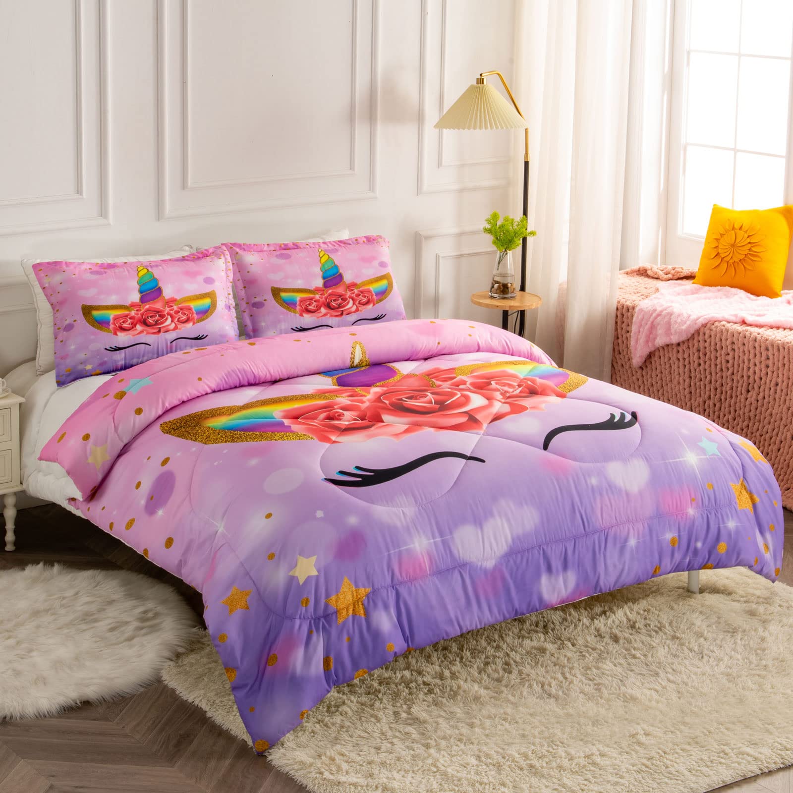 Unicorn Queen Bedding Set for Girls - Ultra Soft Comforter Set with 2 Pillowcases | Machine Washable Kids Bedroom Decor | Perfect for Toddler Rooms, Sleepovers & Princess Themed Bedrooms