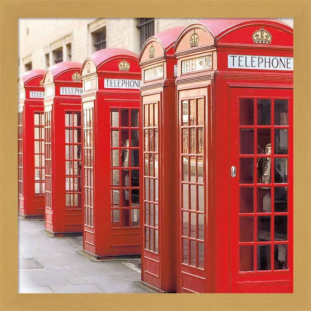 London Phoneboxes by Wild Apple - Framed Art Print Wall Picture, 13x13 Inches, Deep Natural Frame - Perfect for Home, Office & Gift Decor