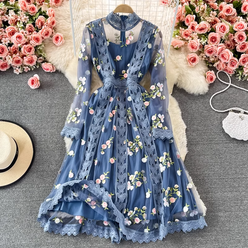 Elegant Autumn Fairy Long Dress with Embroidered Mesh Floral Design - Blue Stand Collar Maxi Dress 1374 | Perfect for Fall Weddings, Parties & Special Occasions