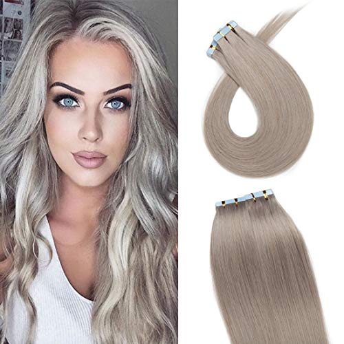 SEGO 16 Inch Grey Tape in Hair Extensions - 40pcs 100g 100% Human Remy Hair - Straight Natural Seamless Skin Weft with Invisible Double Sided Tape - Perfect for Women's Daily Styling, Parties & Special Occasions