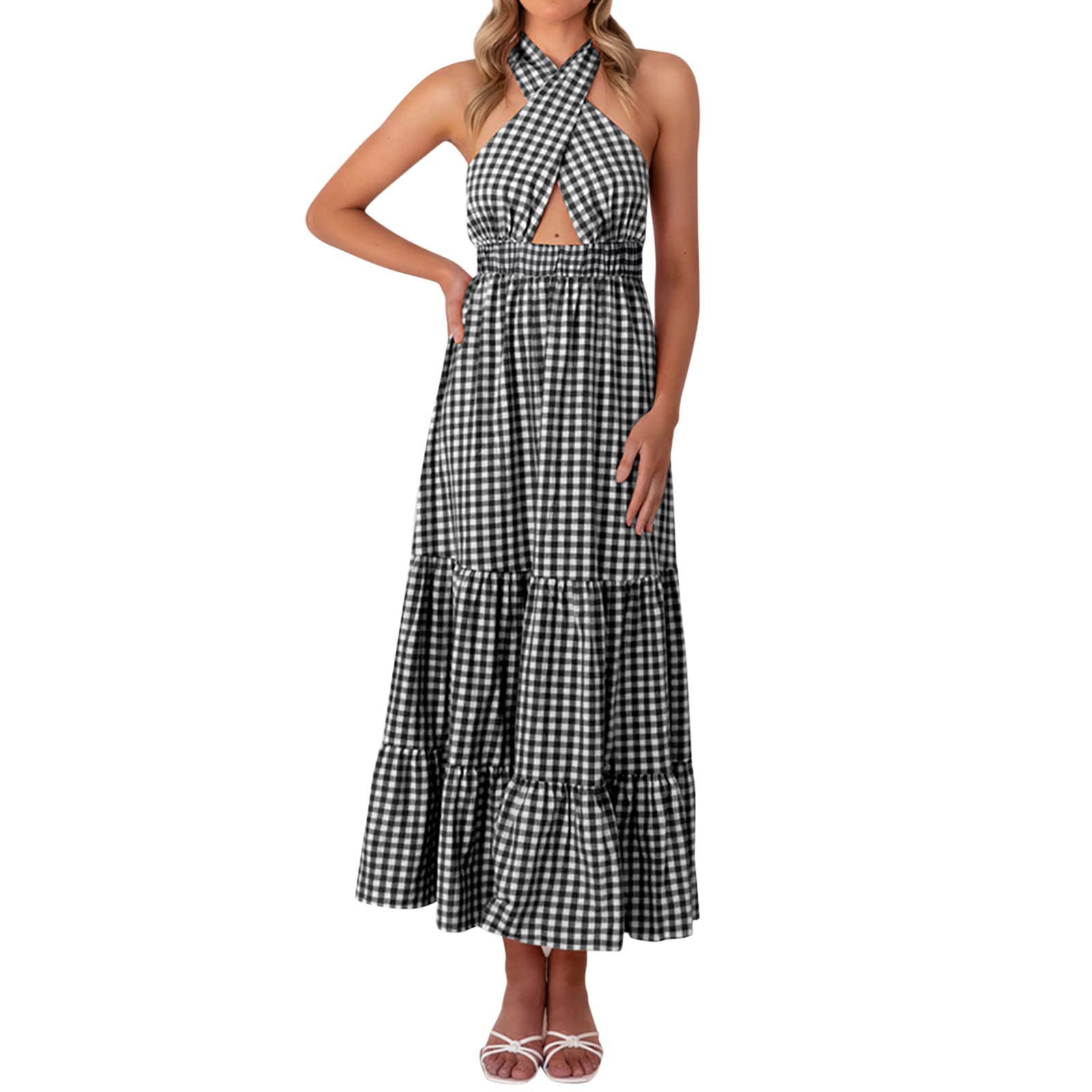 ONablvd Women's Summer Boho Plaid Print Halter Maxi Dress - Elegant Sexy Flowy Cocktail Dress for Beach, Party & Vacation Fashion