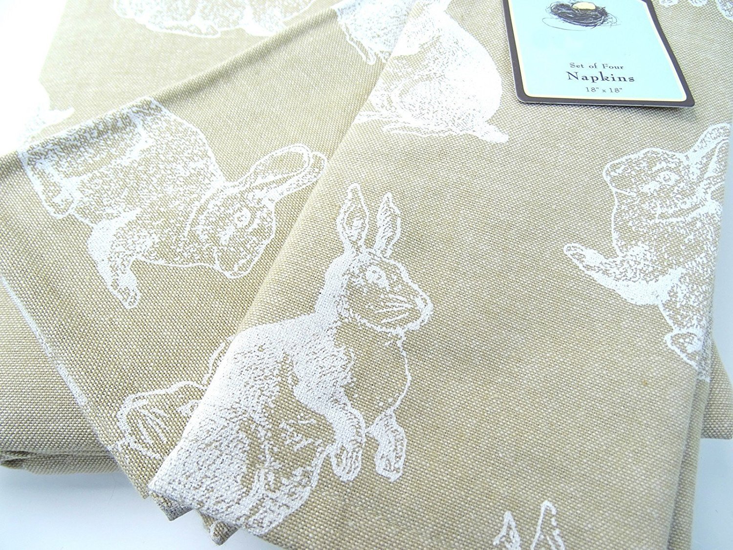 Easter Bunny Cotton Tablecloth Set - 102 x 60 Inch Table Cover & 8 Matching Napkins - Natural Woven Fabric with White Rabbit Print - Perfect for Easter Brunch, Spring Parties & Holiday Dining Decor