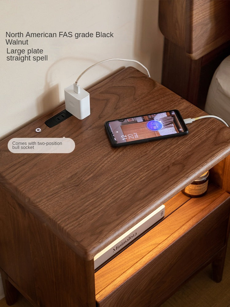 Premium Black Walnut & Ash Solid Wood Nightstand with Built-in Light - Modern Bedside Table for Bedroom Decor & Small Space Storage