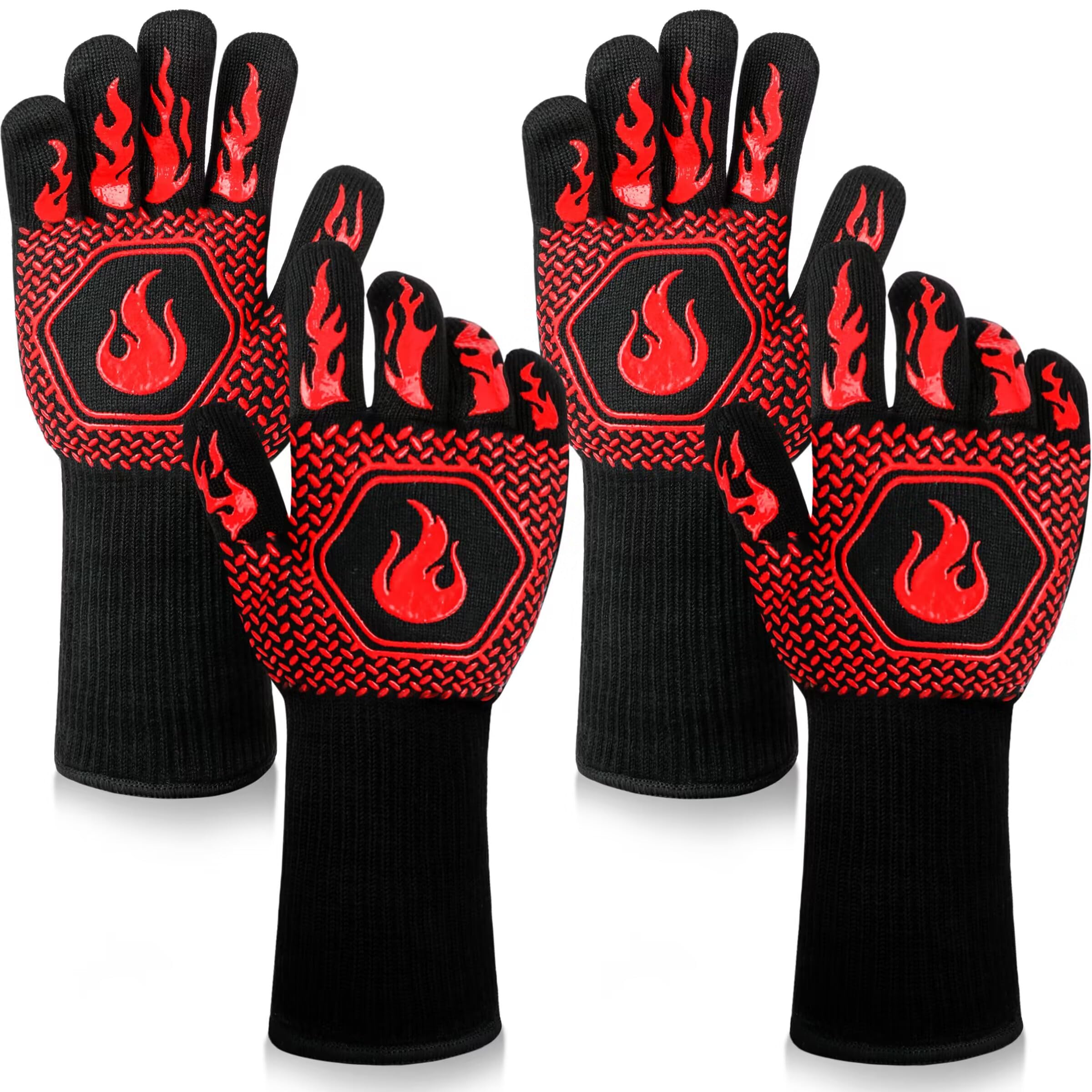 Heat-Resistant BBQ Gloves - 1472°F Fireproof & Cut-Resistant Grill Gloves with Non-Slip Silicone Grip for Safe Cooking, Grilling, Frying & Baking - Perfect for Outdoor BBQ, Camping & Kitchen Use (2 Pairs, Red)
