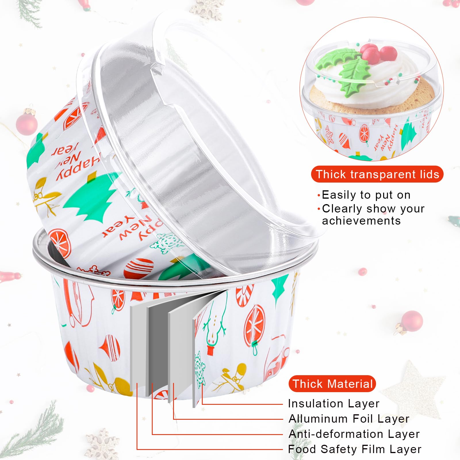 100-Pack Christmas Foil Cupcake Liners - 5oz Aluminum Baking Cups with Lids for Holiday, Birthday & Party Baking - Stackable, Portable Muffin Tins for Christmas Gifts, Home Baking & Dessert Displays