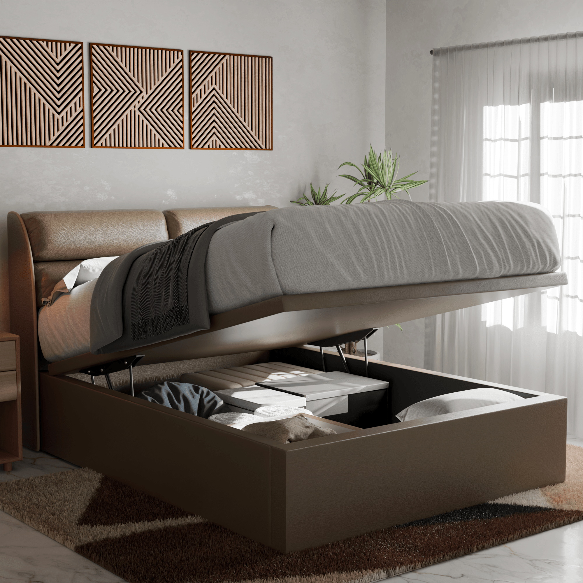 Fobbee Faux Leather Upholstered Storage Bed with Underbed Drawers - Queen Size Platform Bed Frame for Small Spaces & Modern Bedroom Decor