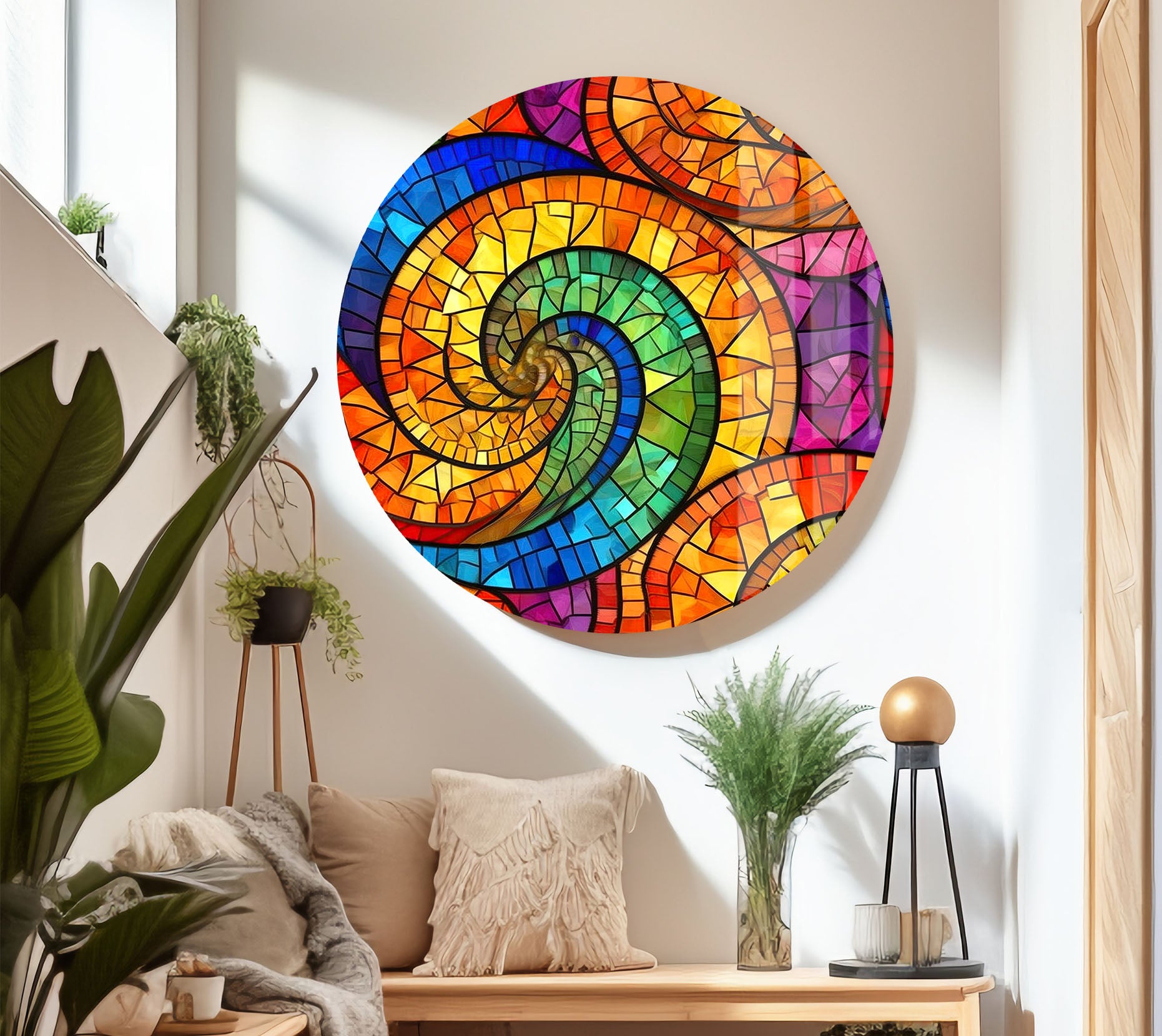 Vibrant Spiral Stained Glass Wall Art - Handmade Abstract Glass Decor for Home, Office & Meditation Spaces - Perfect for Living Room, Bedroom & Gift Giving