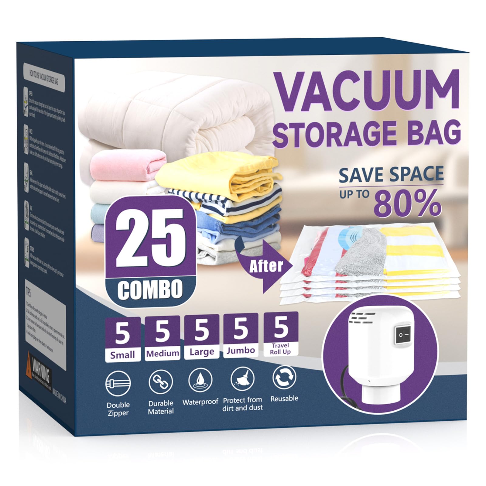 25 Pack Vacuum Storage Bags with Electric Air Pump - 5 Jumbo/5 Large/5 Medium/5 Small/5 Roll Up Bags | Space Saving Vacuum Seal Bags for Clothes, Travel, Luggage, Blankets, Bedding & Moving | Perfect for Home Organization, Seasonal Storage & Travel Packing