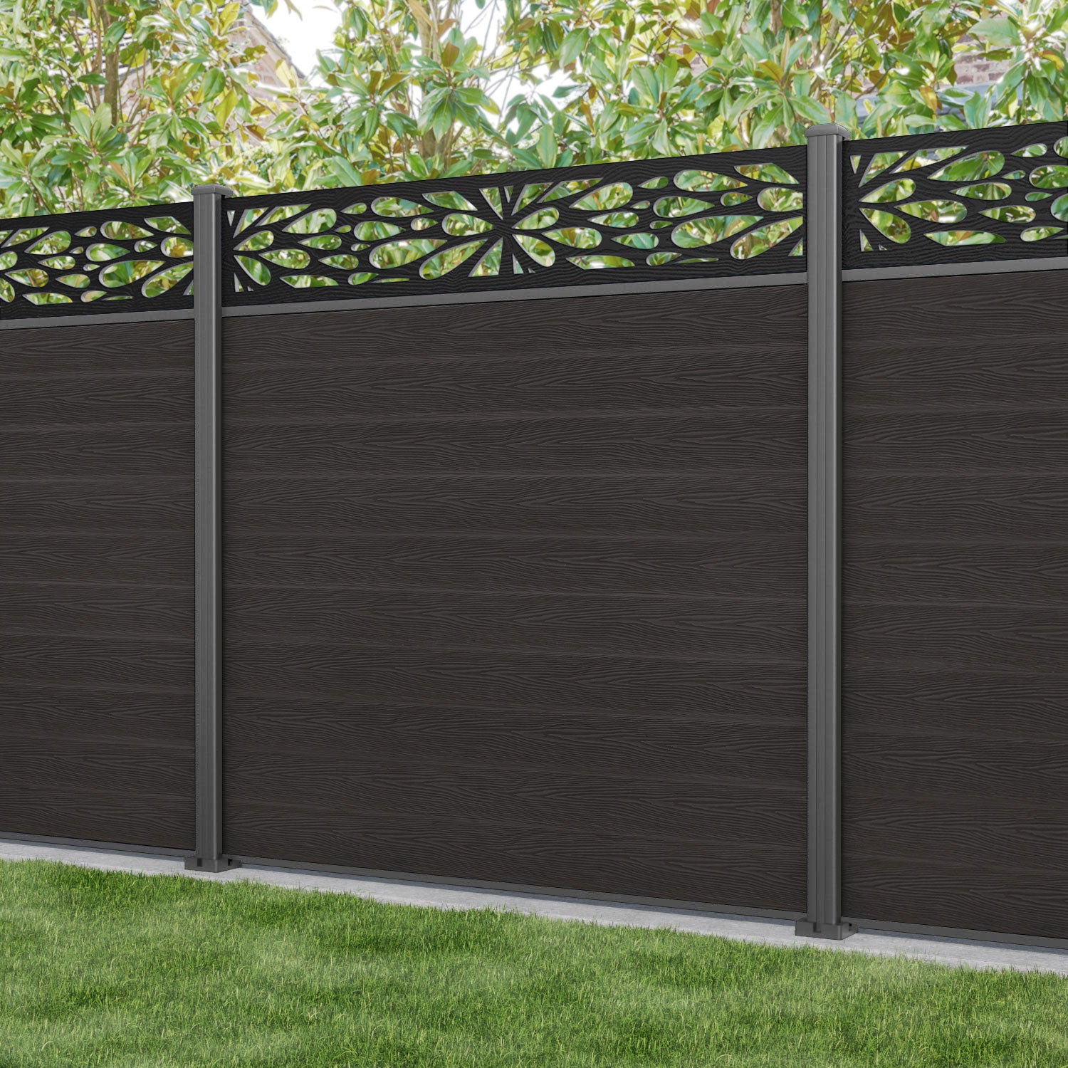 Classic Blossom Fence Panel - Dark Oak Wood Garden Fence with Aluminum Posts | Outdoor Privacy Screen for Patio, Yard & Backyard Landscaping
