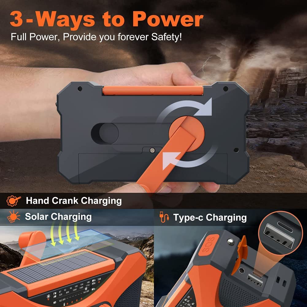 Malloy 10000mAh Solar Hand Crank Emergency Radio - Portable NOAA Weather Radio with USB Phone Charger, LED Flashlight & SOS Alarm (Orange) - Perfect for Camping, Hiking & Power Outages