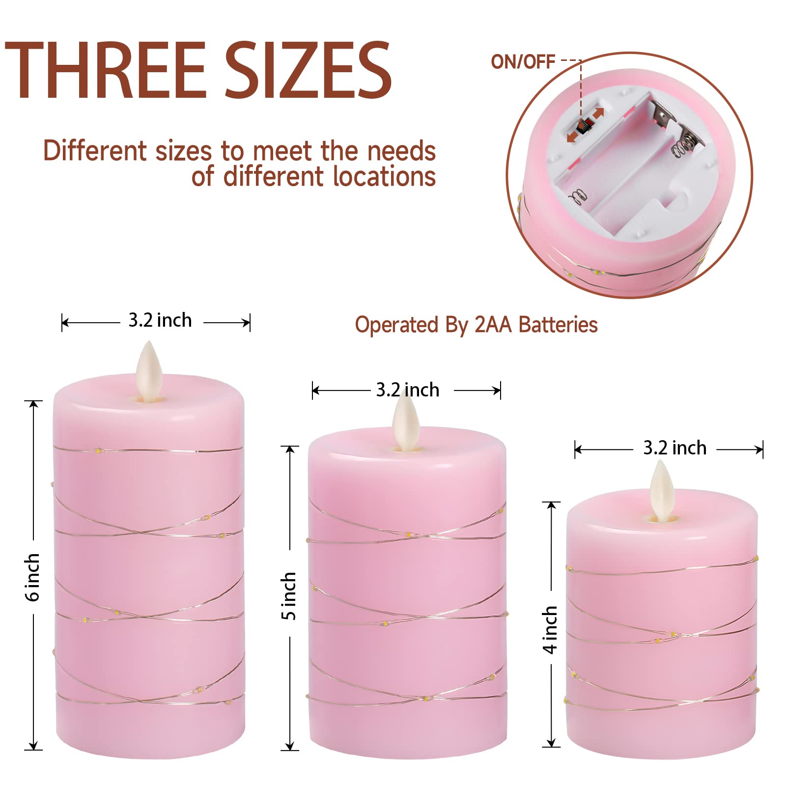 Pink Flameless LED Candles with Remote Control - Battery Operated Flickering Pillar Candles Set of 3 (4