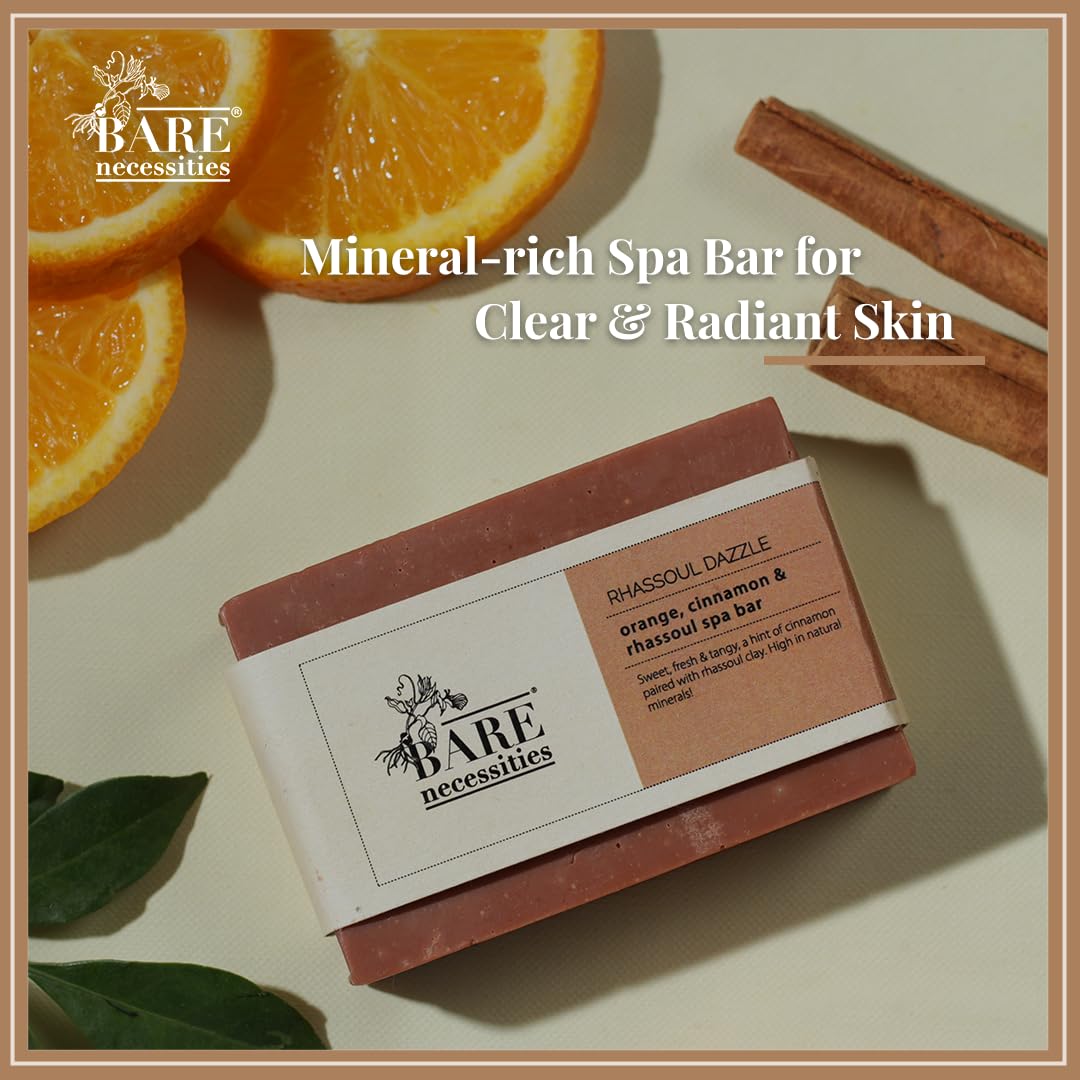 Bare Necessities Rhassoul Dazzle Handmade Soap Bar - Natural Orange & Cinnamon Scented Cold Processed Soap for Men & Women (75g) | Moisturizing Bath Soap for Dry & Sensitive Skin | Perfect for Daily Shower, Spa Day & Gift Giving