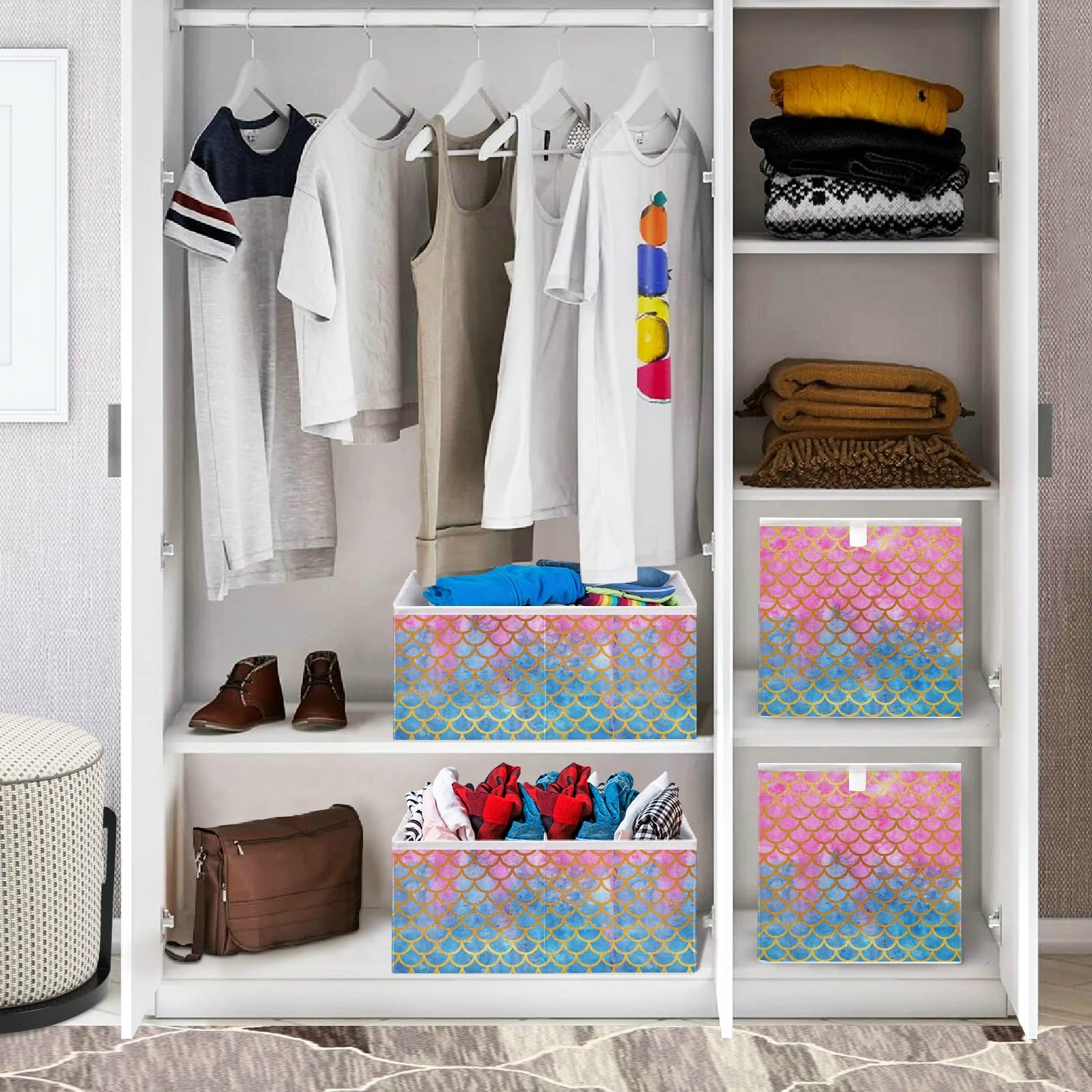 Mermaid Scales Foldable Collapsible Storage Baskets - 11x11 Inch Fabric Storage Bins for Shelves, Pantry, Closet & Nursery Organization | Perfect for Toys, Home Decor & Space Saving
