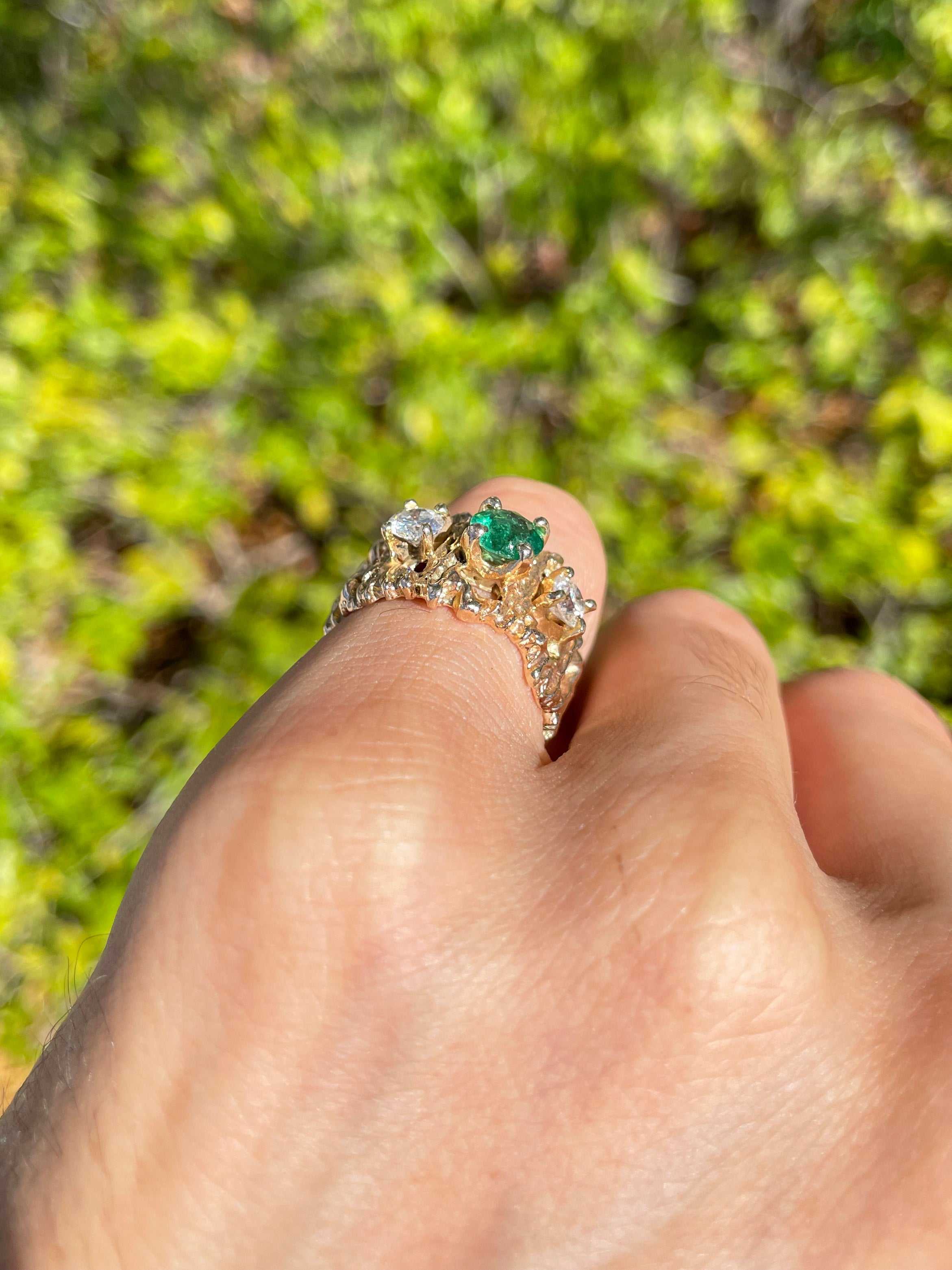 1.54tcw Natural Deep Green Round Emerald & Diamond Handmade Nugget Ring in Solid 14K Gold - Perfect for Weddings, Anniversaries & Special Occasions
