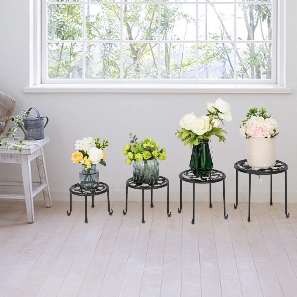 4-Pack Black Metal Potted Plant Stands - Round Ironwork Flower Holder Racks for Indoor Outdoor Garden Decor, Balcony, Patio, and Living Room