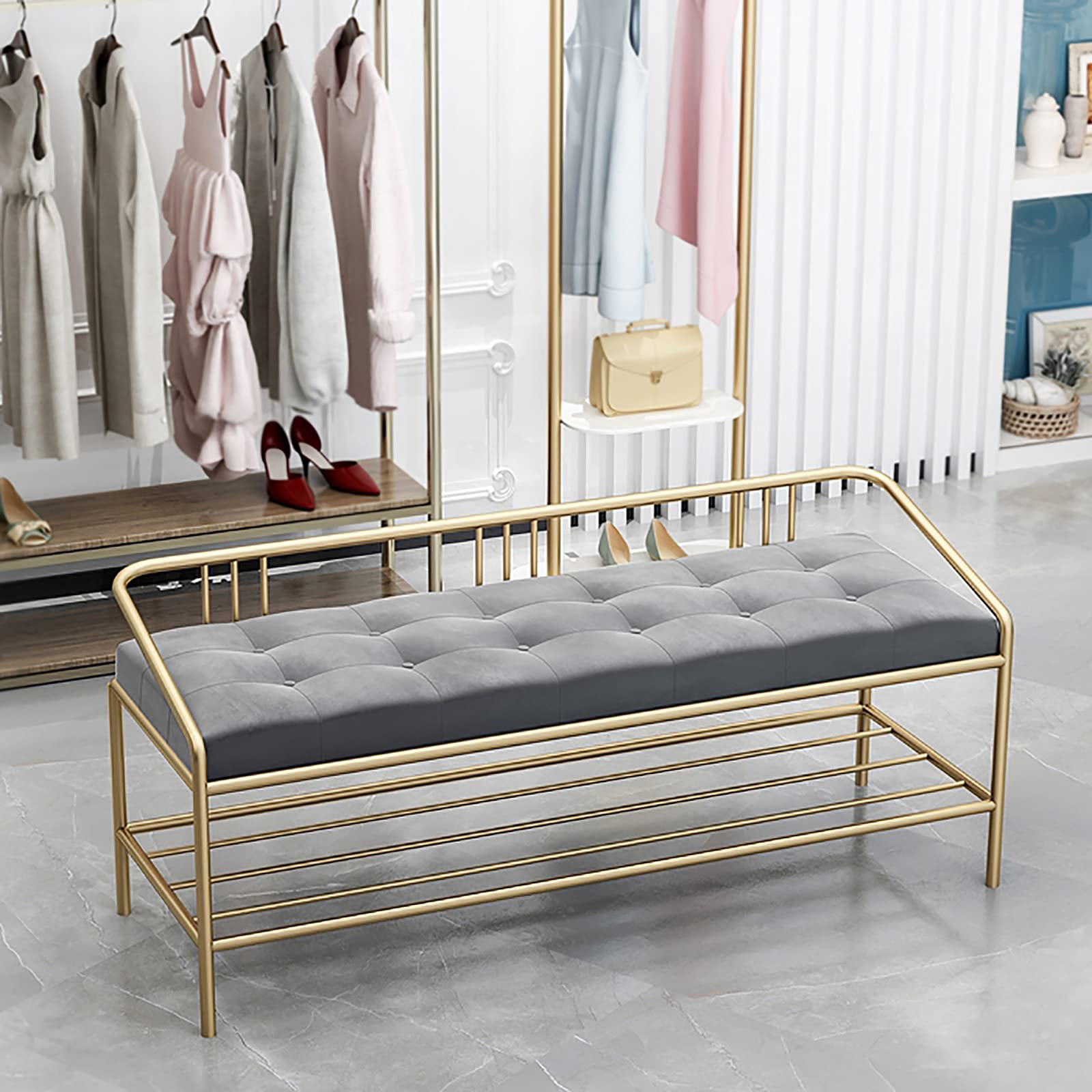 Luxury Entryway Shoe Bench - Modern Metal Shoe Rack Organizer with Thickened Velvet Upholstery, Shoe Storage Bench Seat (Gray, 60x35x45cm/24x14x18in) - Perfect for Hallway, Porch, Bedroom & Mudroom Organization