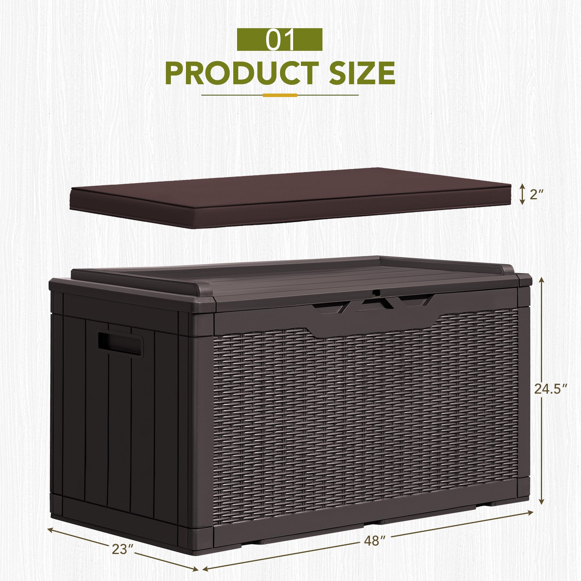 GUNJI 100 Gallon Resin Deck Box with Cushion - Outdoor Weatherproof Large Storage Container for Patio Furniture, Garden Tools, Pool Toys & Backyard Accessories - Lockable Design for Secure Storage (Brown) - Perfect for Poolside, Patio & Garden Organization