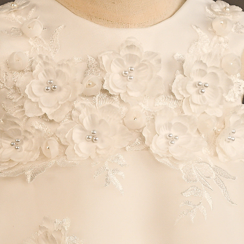 Elegant White Satin Flower Girl Dress with Lace & Floral Details - Perfect for Weddings, Baptisms & Special Occasions