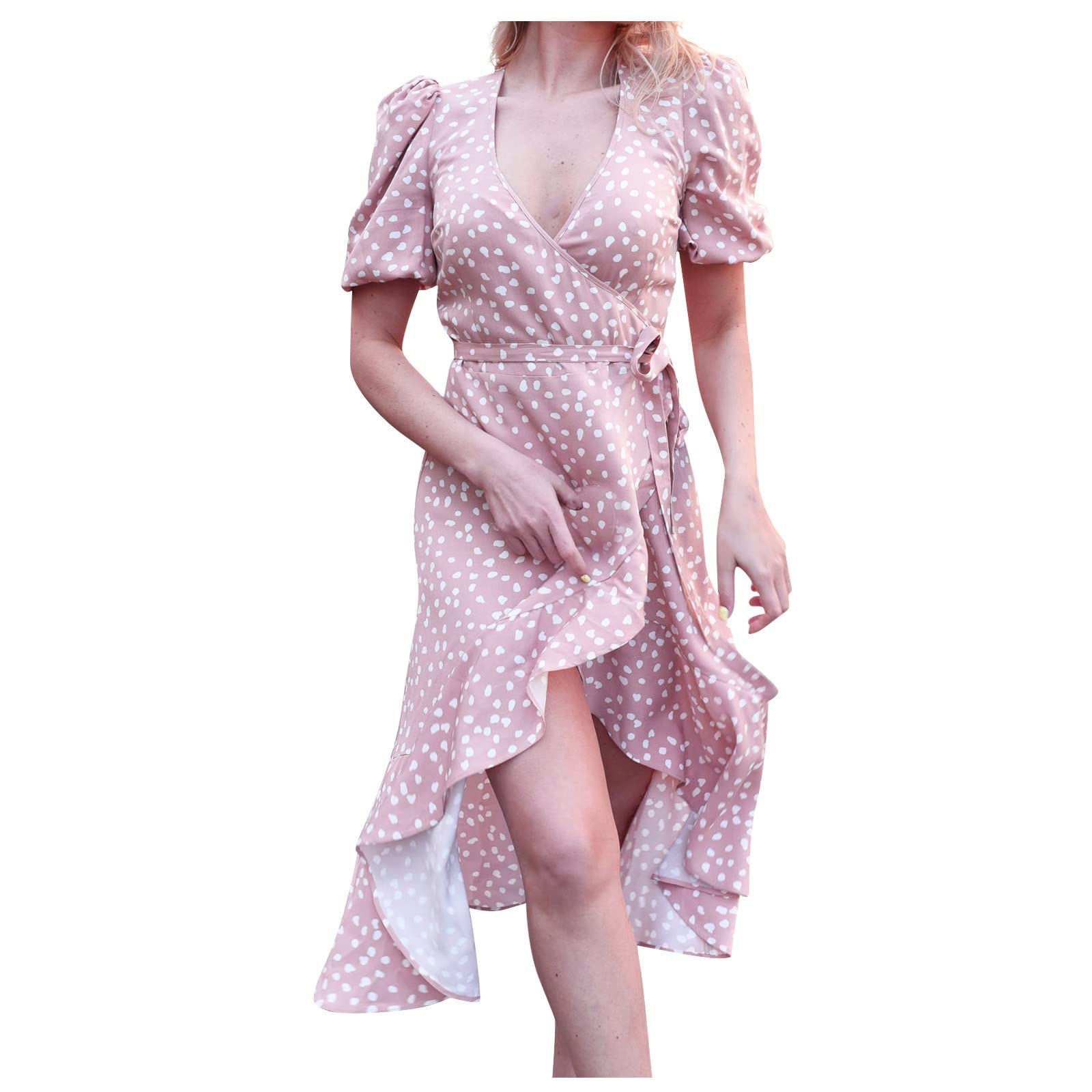 Women's Casual Loose Fit Printed V-Neck Midi Dress with Short Sleeves and Ruffled Hem - Perfect for Summer Outings, Beach Vacations, and Date Nights