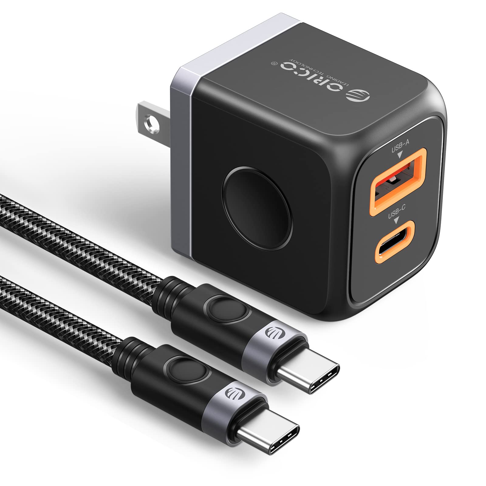 ORICO 30W GaN USB C Fast Charger Block - Dual Port PD & QC3.0 Wall Charger with USB C to Lightning Cable - Compact Charging Adapter for iPhone 14/13/12 Pro Max, Galaxy S23/S22, iPad Pro, MacBook Air - Perfect for Travel, Office & Home Use