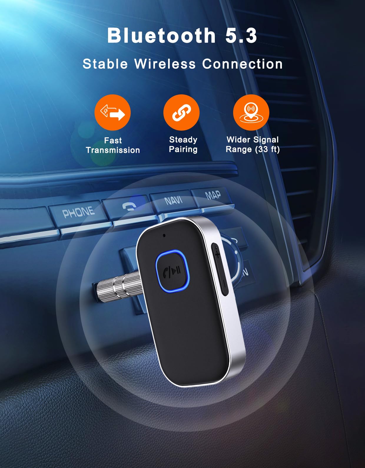 Bluetooth 5.0 Car Receiver with Noise Cancellation - Wireless AUX Adapter for Hands-Free Calling & Music Streaming - Perfect for Commuting, Road Trips & Older Car Audio Systems