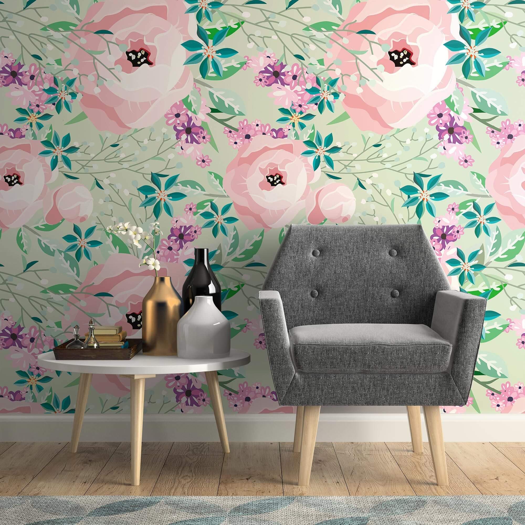 Purple and Emerald Floral Peel and Stick Removable Wallpaper 2866 - Self-Adhesive Decorative Wall Covering for Bedroom, Living Room, Nursery & Office Decor