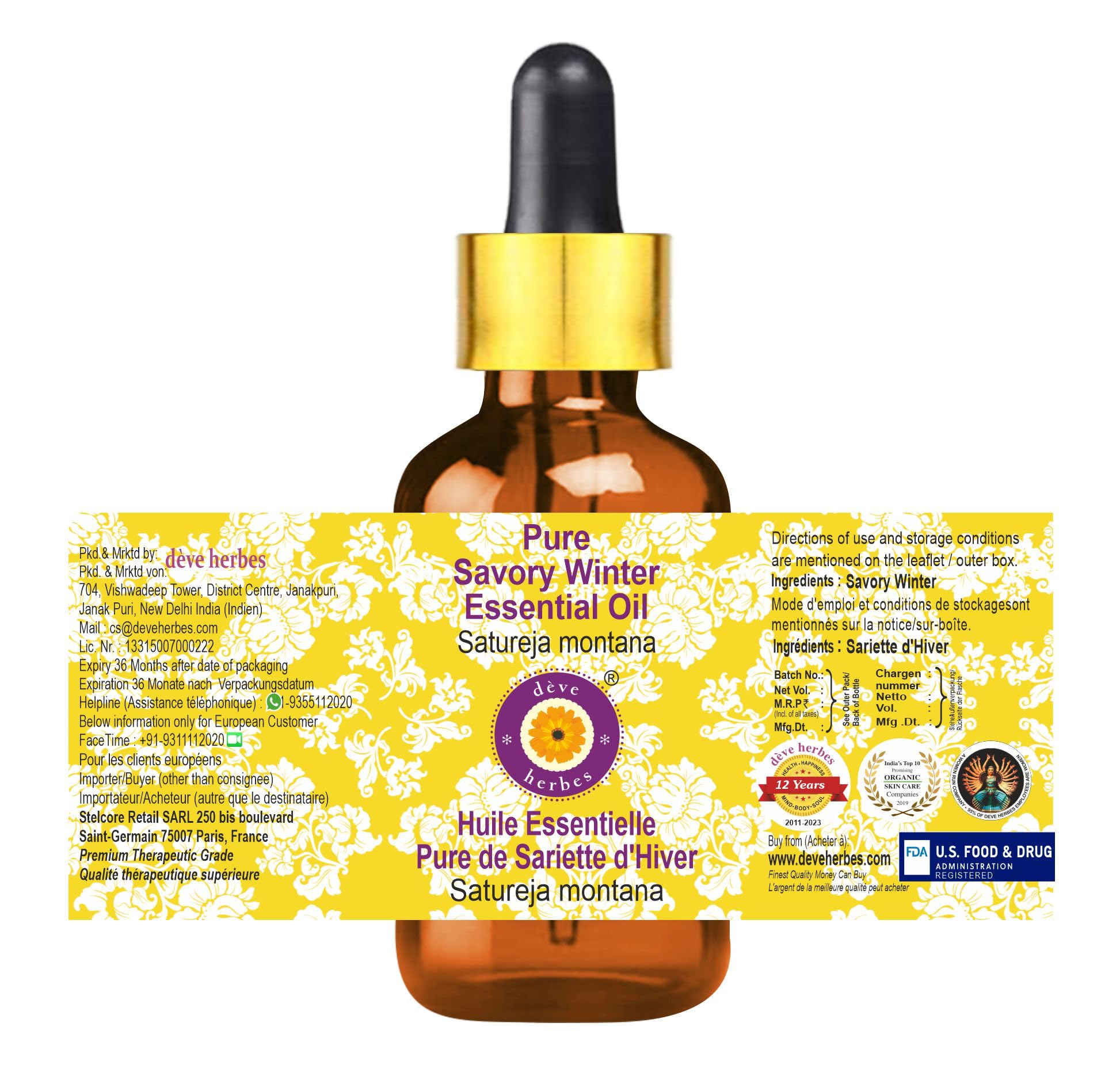 Deve Herbes Pure Savory Winter Essential Oil (Satureja montana) 2ml - Steam Distilled, Natural Aromatherapy Oil with Glass Dropper - Perfect for Diffusers, Massage & DIY Skincare