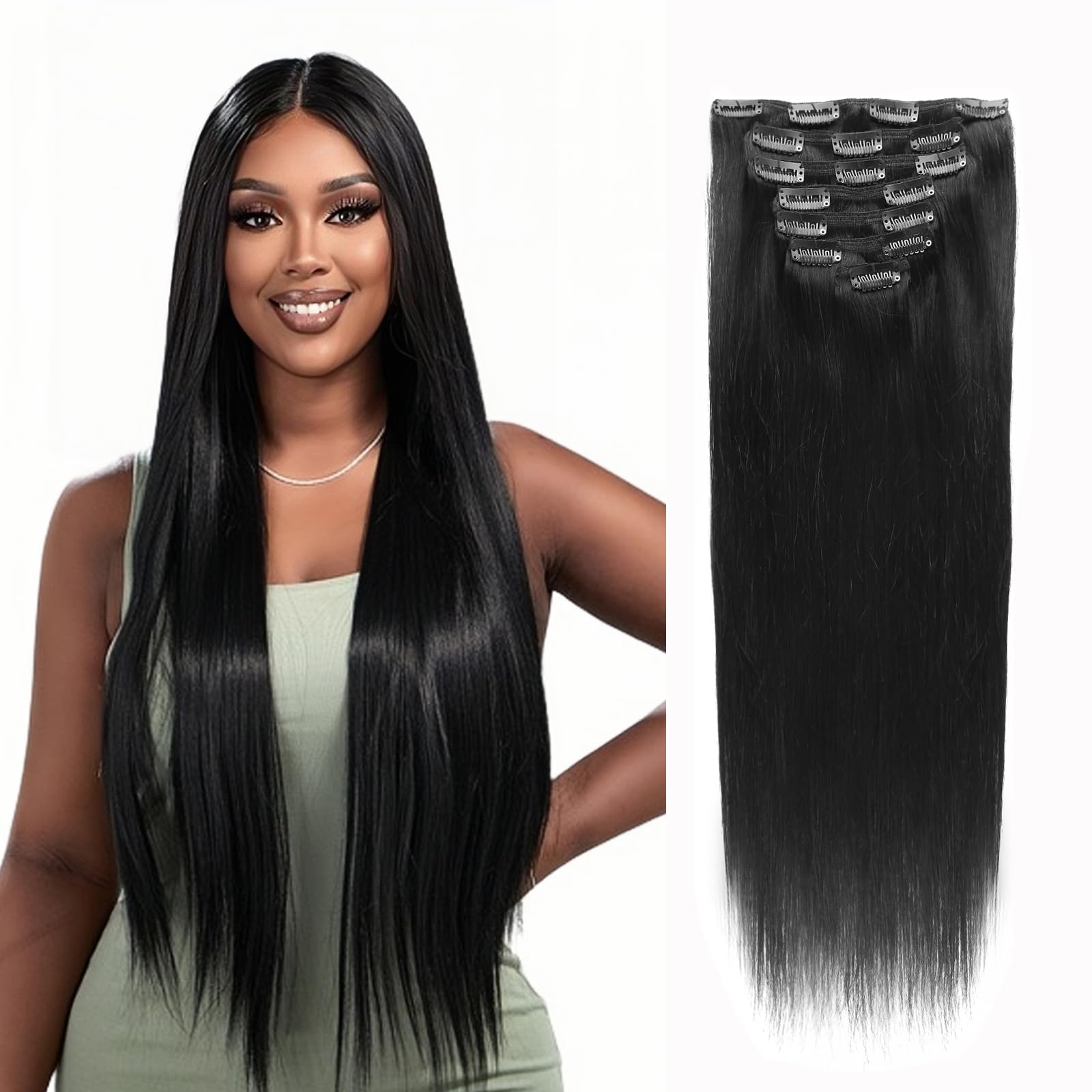 Sixstarhair Clip-in Hair Extensions for Black Women – 22 Inch Silky Straight Brazilian Remy Human Hair (120g, 7-Piece Set with 17 Clips) – Natural Black Double Weft Extensions for Length & Volume | Perfect for Daily Wear, Parties & Special Occasions