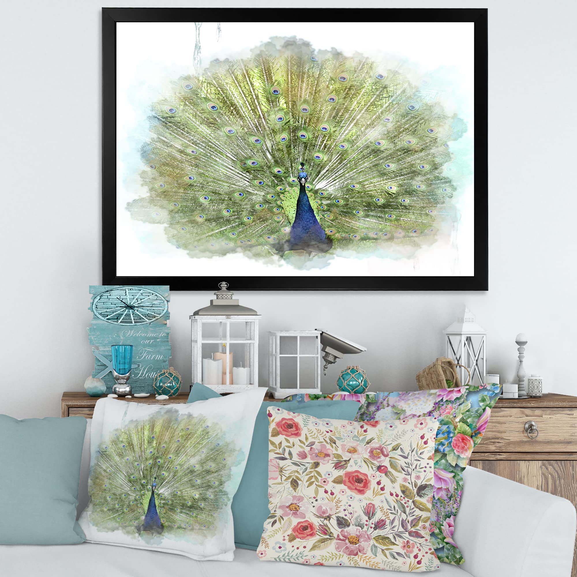DesignQ Peacock Bird Traditional Framed Wall Art - Handmade Home Decor for Living Room, Bedroom & Office - Elegant Indian Peacock Painting for Wall Decoration