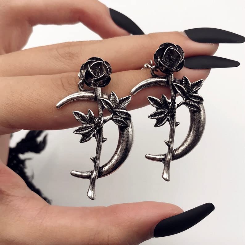 Gothic Silver Moon Drop Earrings with Rose Stem - Witchy Goth Jewelry for Women - Aesthetic Pewter Dangle Earrings - Perfect for Halloween, Cosplay & Dark Fashion Outfits