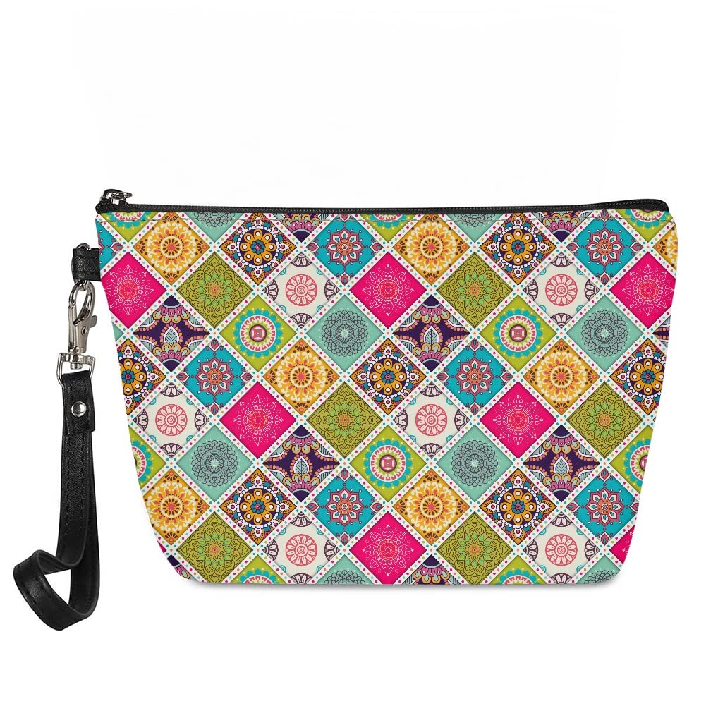 GLUDEAR Women's Bohemian Mandala Flower Cosmetic Bag - Waterproof Makeup Pouch & Travel Toiletry Organizer - Square Mandala Design for Beach, Festival & Vacation Essentials