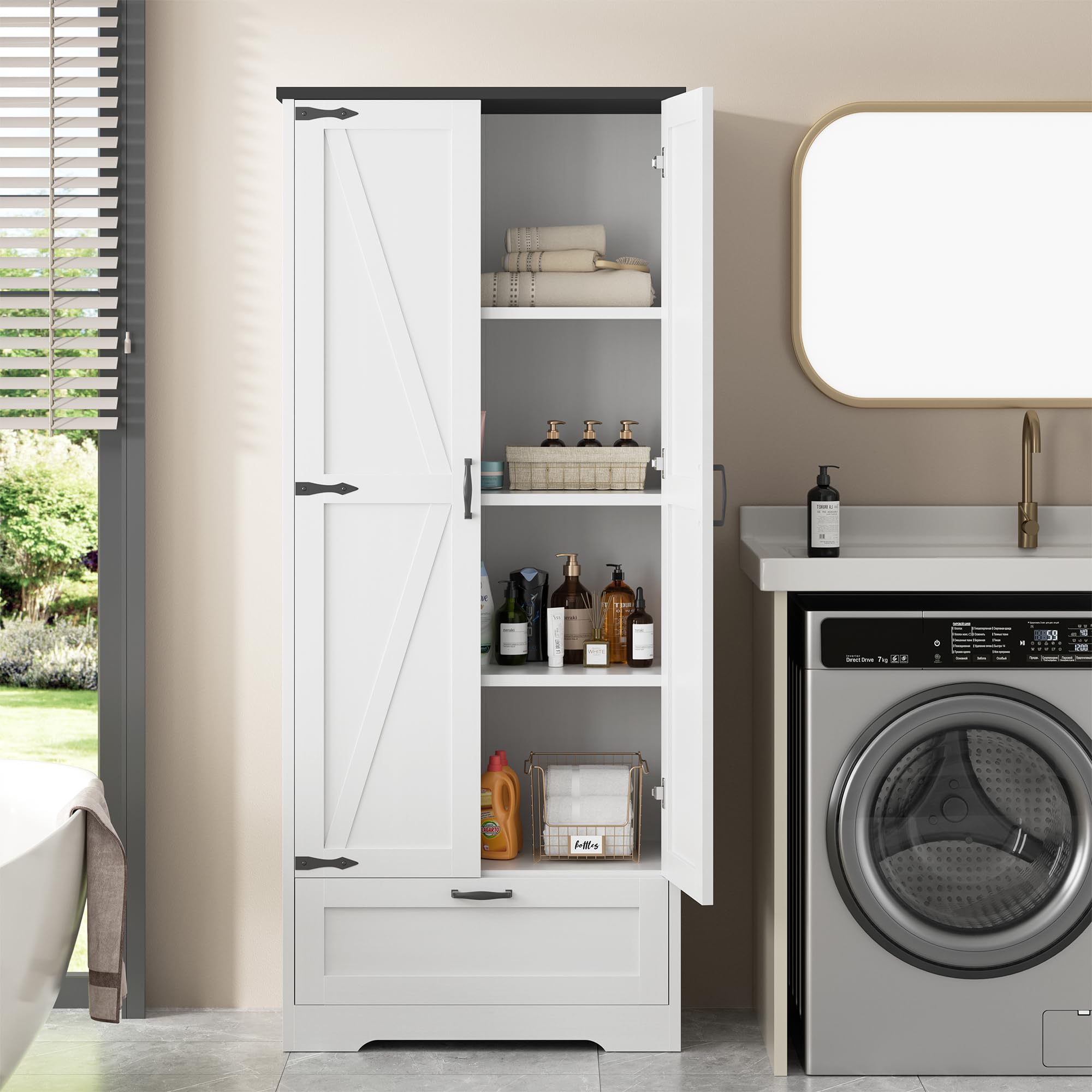 Shintenchi White Farmhouse Kitchen Pantry Cabinet - Freestanding Storage Cupboard with 4 Adjustable Shelves & 1 Drawer - Perfect for Organizing Kitchen, Dining Room, Bathroom or Living Room - Ideal for Storing Dishes, Linens, Towels & Home Essentials