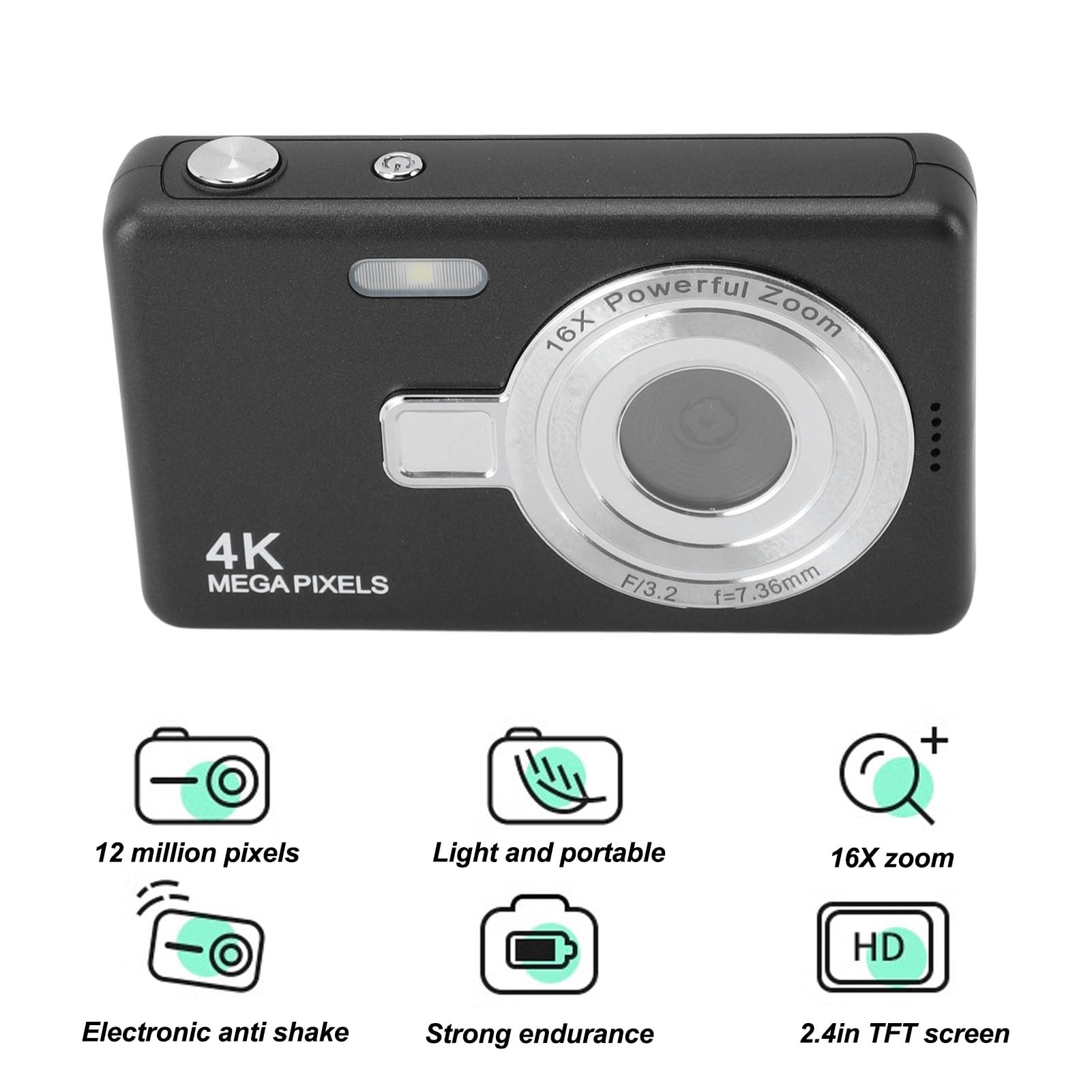 **12MP Digital Camera with 16X Zoom & 1080P Autofocus - 2.4 Inch TFT Screen Compact Point and Shoot Camera for Kids, Boys & Girls (Black) - Perfect for Travel, Parties & Outdoor Adventures**