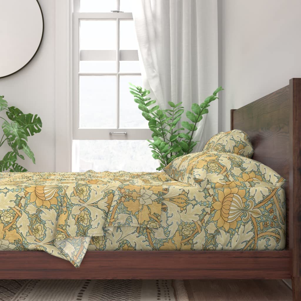 Premium 100% Cotton Twin 3-Piece Sheet Set | Spoonflower Damask Victorian Floral Pumpkin Leaves Nature Print | Custom Bedding for Home Decor & Guest Room