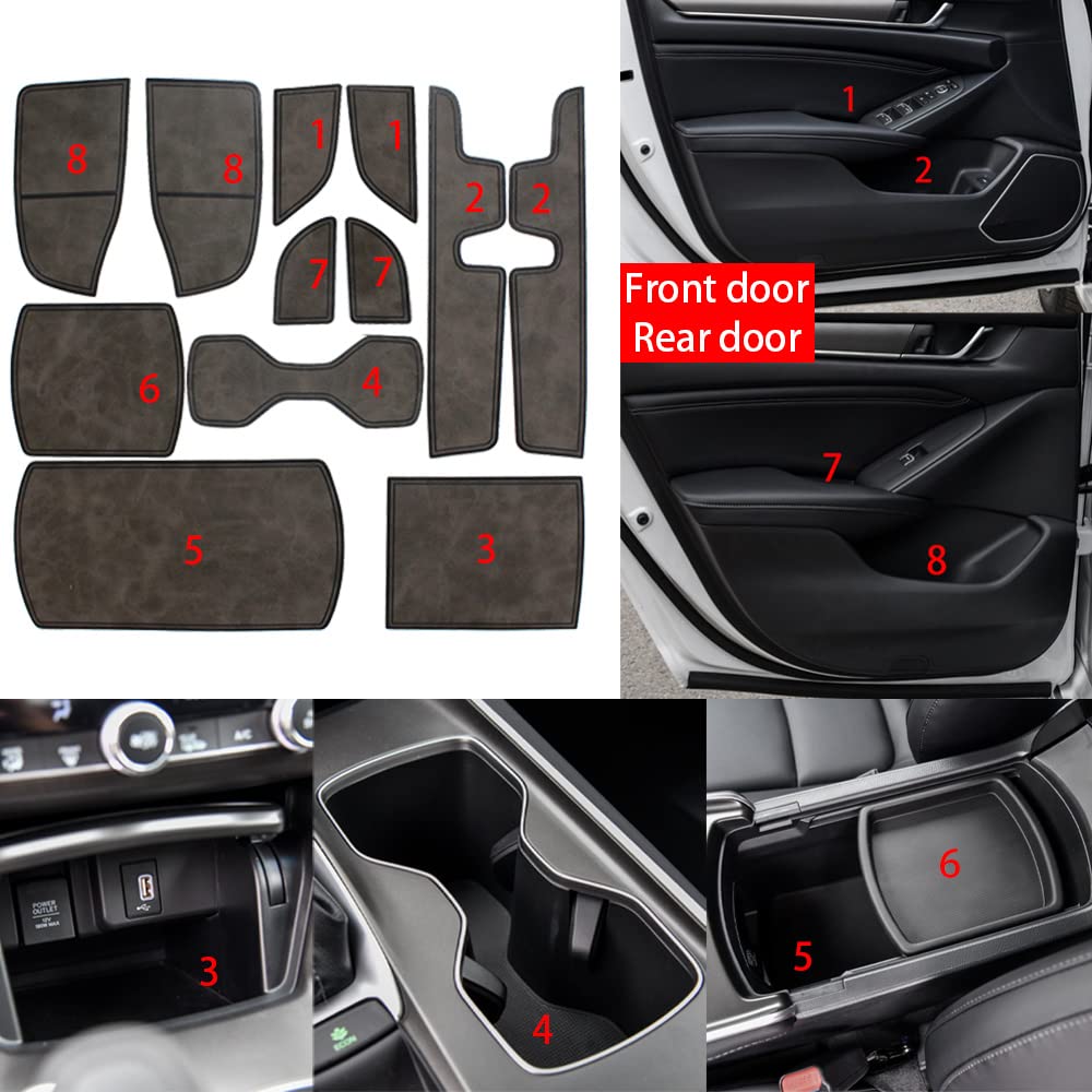 Premium 12-Piece Leather Cup Holder Inserts & Center Console Liners for 2018-2022 Honda Accord - Retro Grey Interior Accessories | Car Organizer Mats for Enhanced Protection & Style