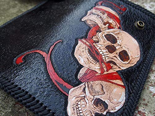 Handmade 3D Genuine Leather Biker Wallet - Custom Engraved Skull Design, Personalized Long Wallet for Men - Perfect for Motorcycle Riders, Gift Giving & Everyday Use