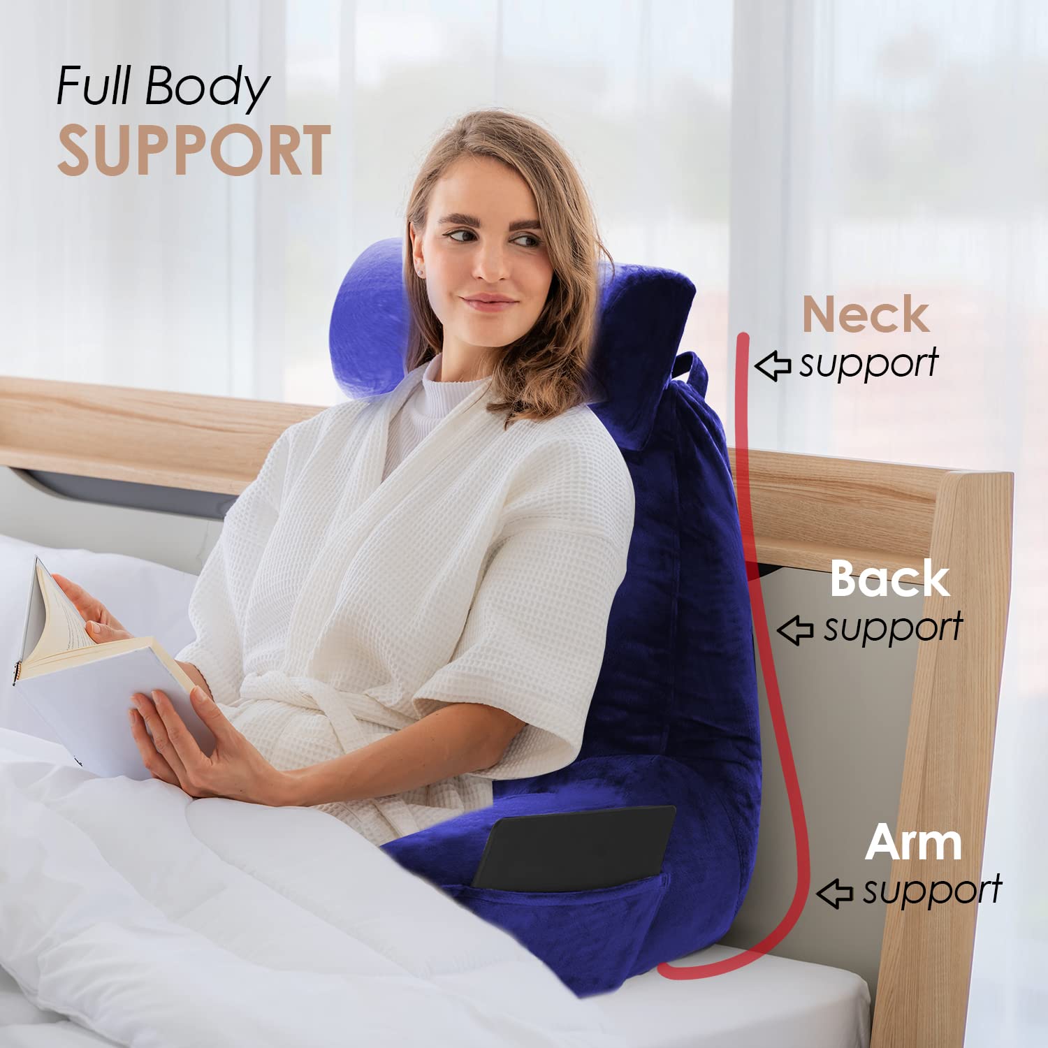 Nestl Large Reading Pillow for Bed - Shredded Memory Foam Back Support Pillow with Pockets | Perfect for Sitting in Bed, Reading, Watching TV & Relaxing | Royal Blue Bed Chair Arm Pillow