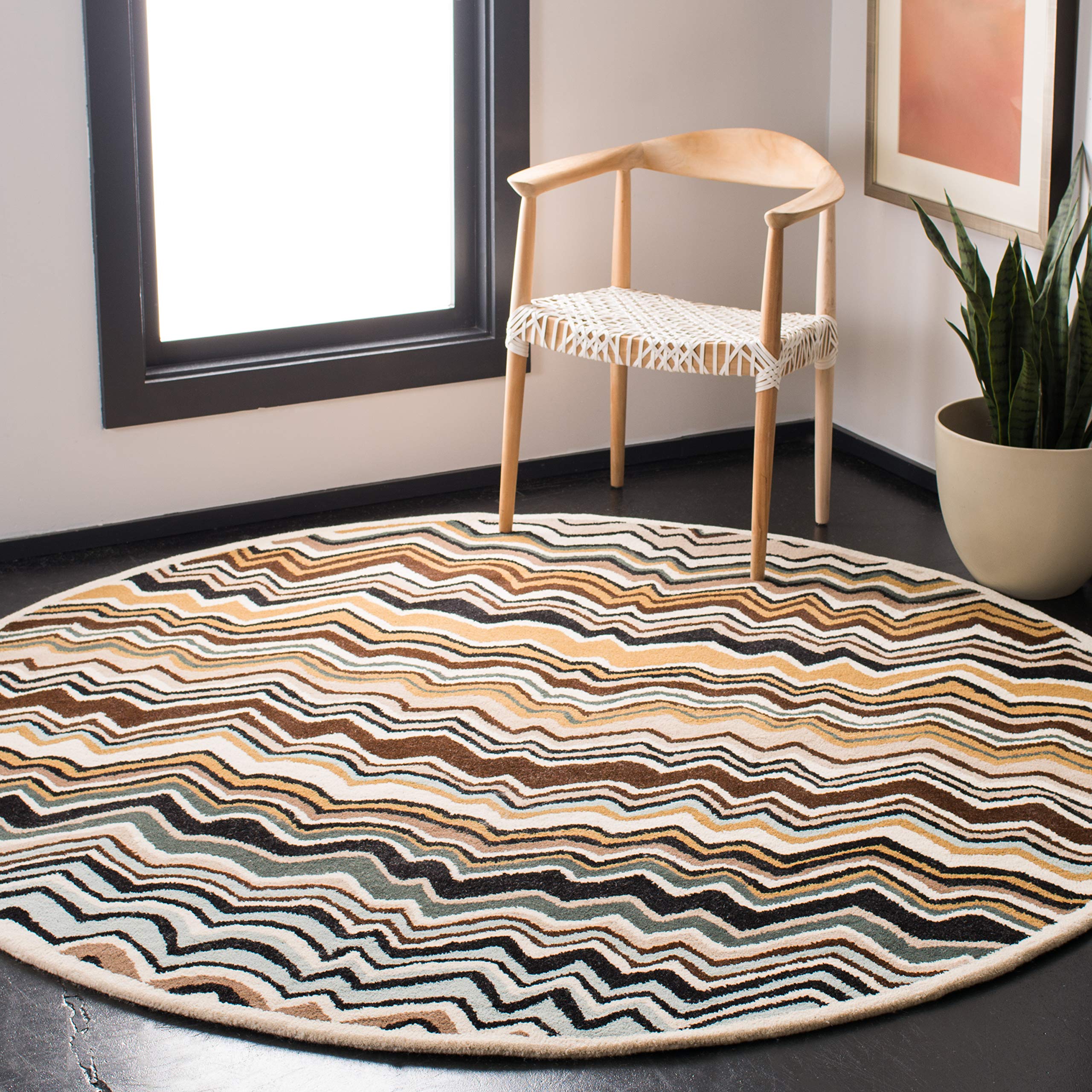 SAFAVIEH Wyndham Collection 7' Round Brown/Multi WYD317A Handmade Modern Premium Wool Area Rug - Perfect for Living Room, Bedroom & Home Decor