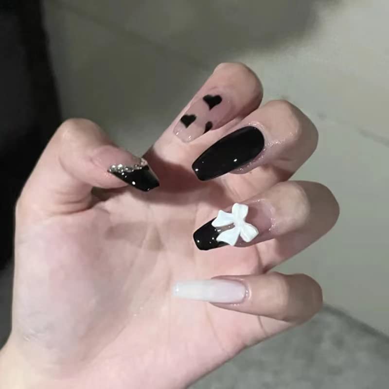 24Pcs Black Coffin Press-On Nails with 3D Bowtie Rhinestones & Heart Designs - Long Fake Nails for Women | Perfect for Parties, Weddings & Special Occasions