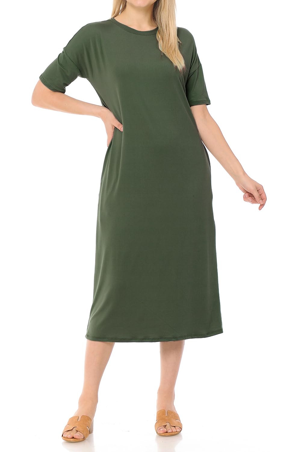 Iconic Luxe Women's Midi Dress with Half Sleeves & Pockets - Elegant Casual Wear for Office, Party & Date Night