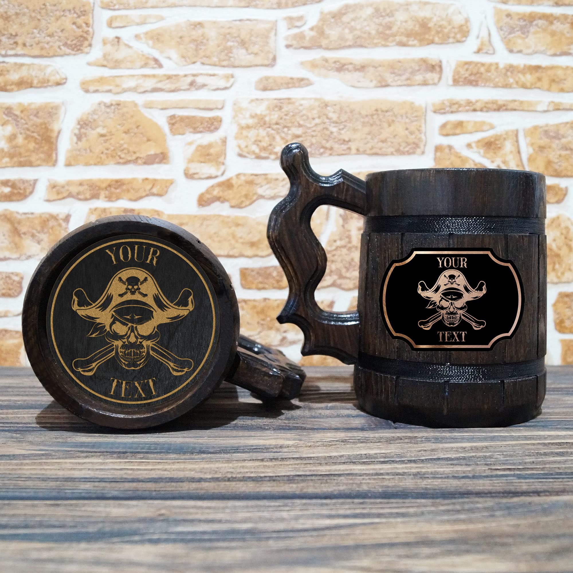 Personalized Pirate Skull Beer Stein - Custom Engraved Wooden Tankard Mug for Men, Unique Gifts for Dad, Husband, Gamer - Perfect for Birthday, Anniversary, Wedding & Geek-Themed Parties