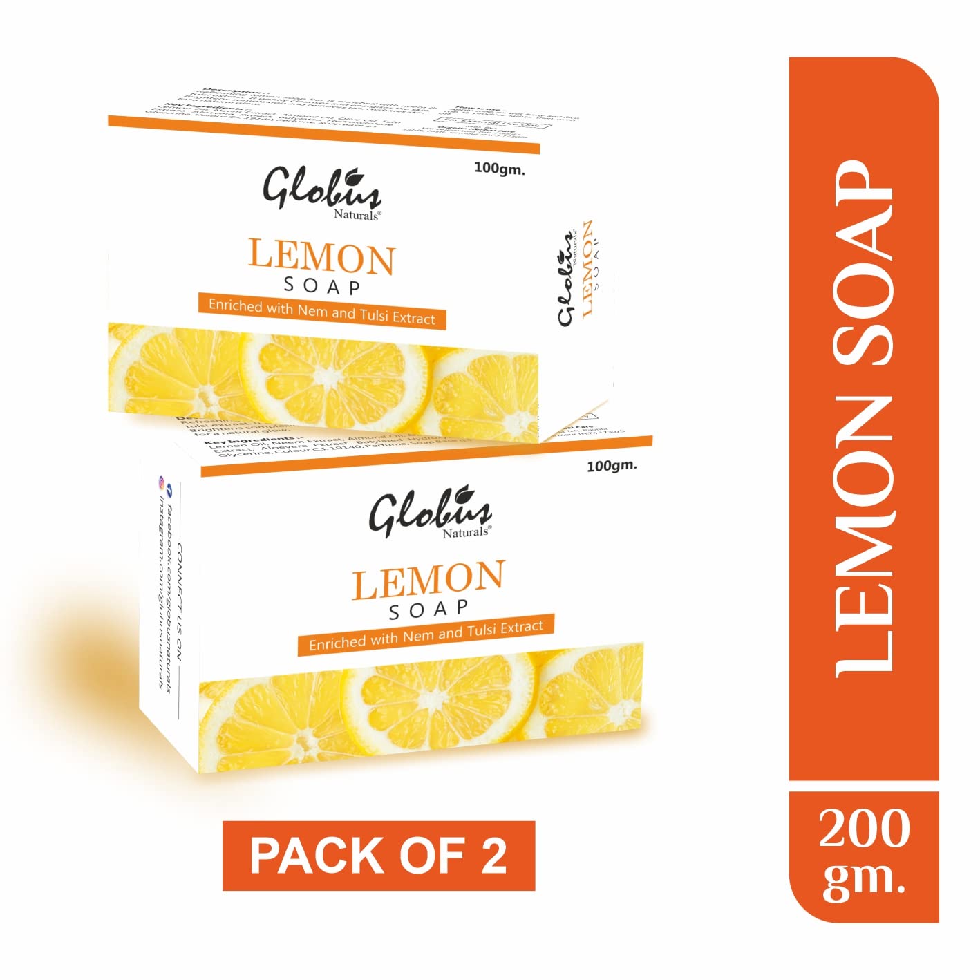 Globus Naturals Lemon Brightening Soap with Neem & Tulsi Extract - 100g (Pack of 2) for Skin Lightening, Acne Treatment & Glowing Complexion | Perfect for Daily Face & Body Cleansing