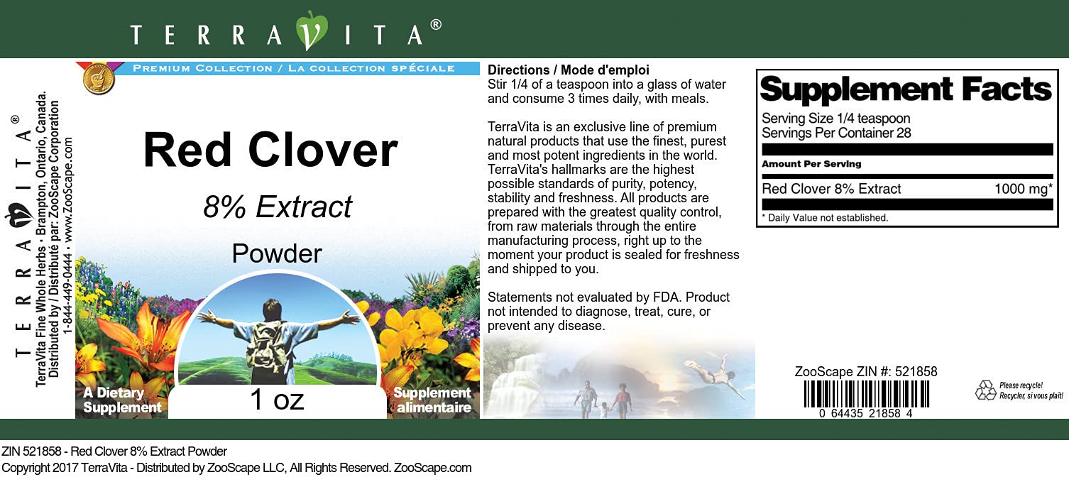 Terravita Red Clover 8% Powder (1 oz) for Women's Hormonal Balance & Detox | Herbal Supplement for Tea, Smoothies & Wellness Routines | ZIN: 521858