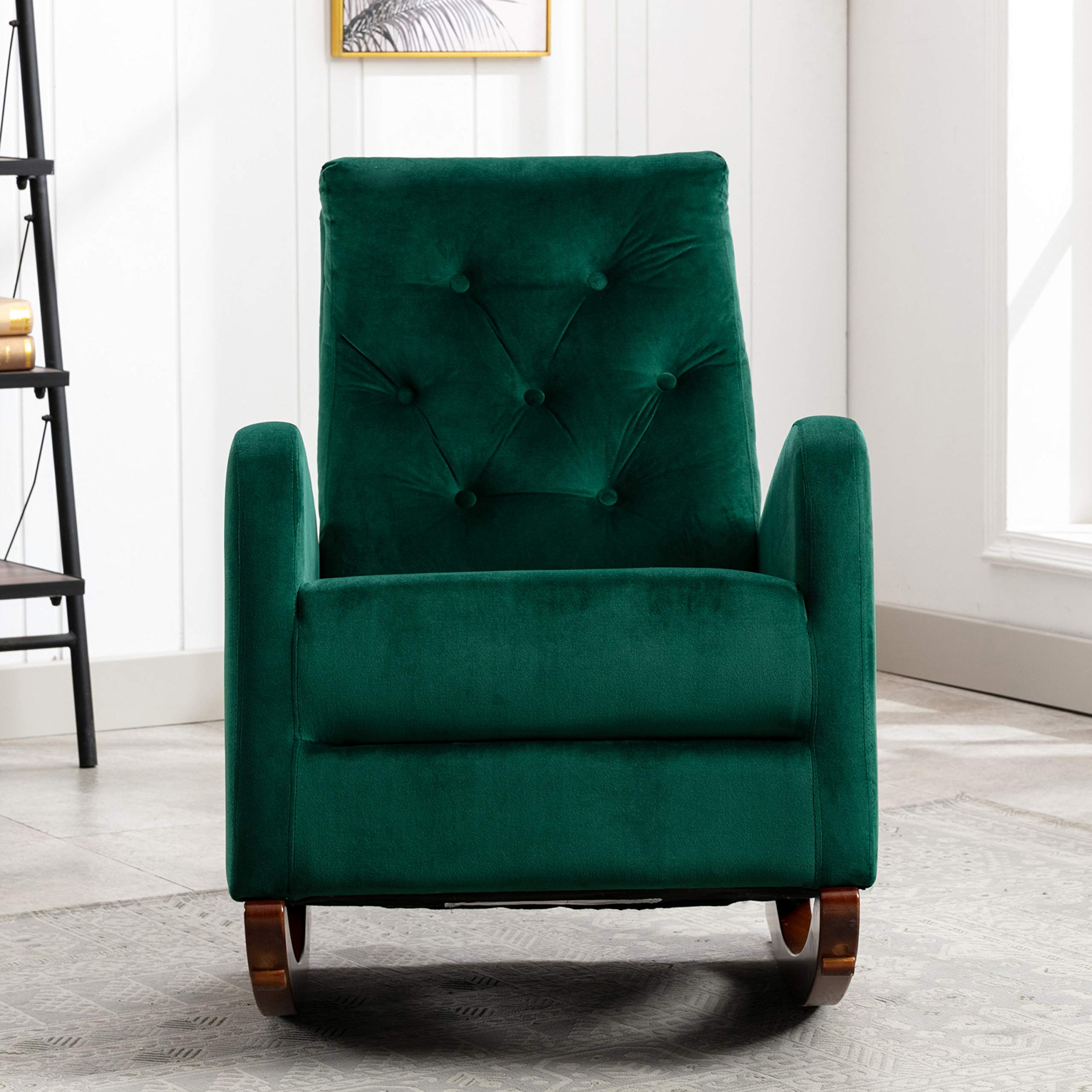 HomVent Baby Nursery Rocking Chair - High Back Comfortable Rocker with Fabric Padded Seat, Modern Armchair for Nursing & Feeding - Green (Perfect for Bedrooms, Nurseries & Breastfeeding Rooms)