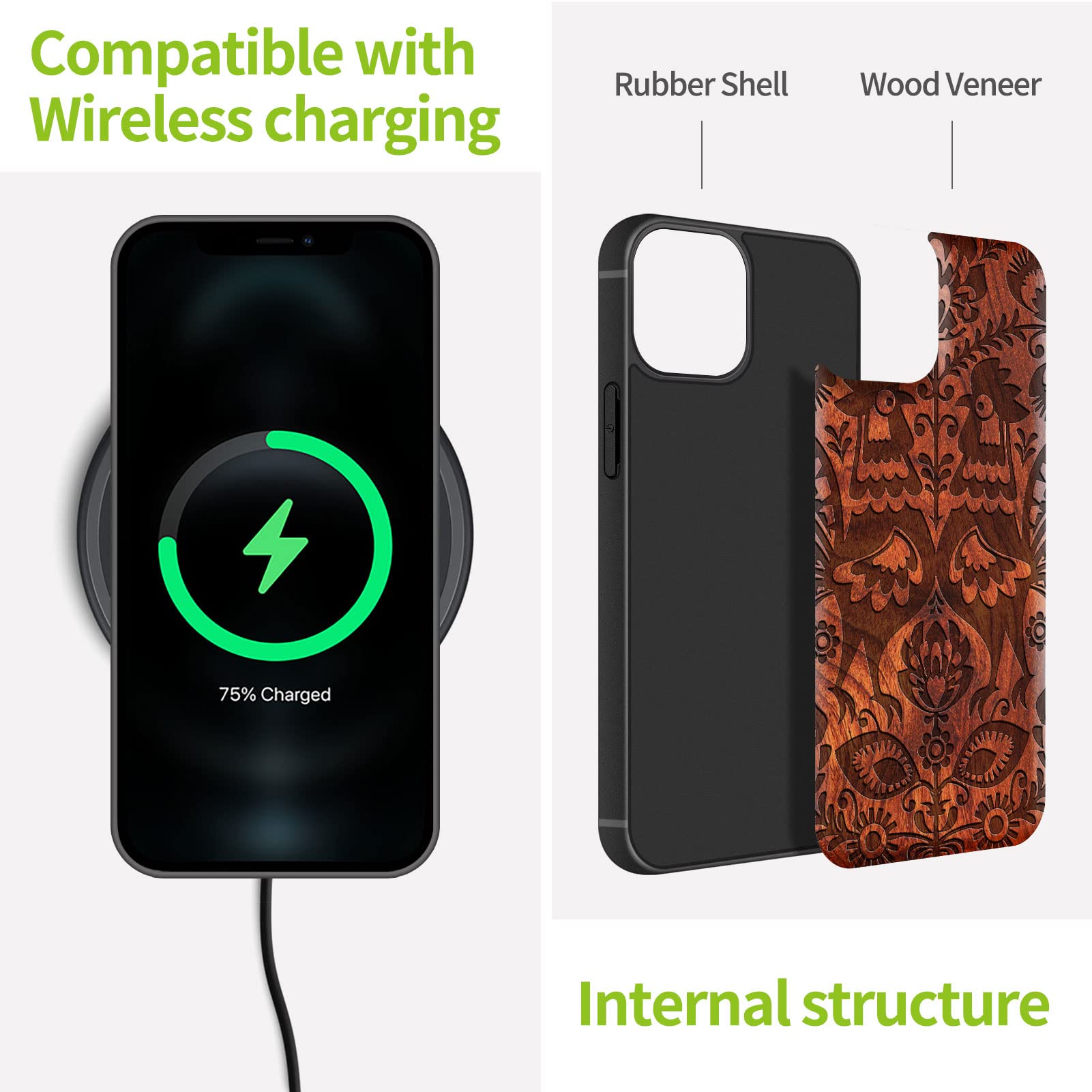 Carveit Magnetic Wood Case for iPhone 13 Pro Max - Natural Wood & Black Soft TPU Shockproof Protective Cover - MagSafe Compatible Wooden Phone Case (Floral Roosters Red Wood Design) - Perfect for Outdoor Adventures & Everyday Protection