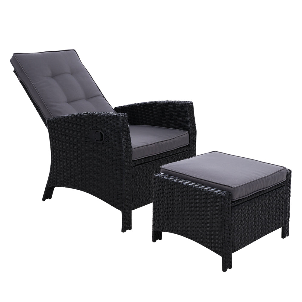 Elise Outdoor Recliner Chair with Ottoman - Patio Lounge Chair, Black - Perfect for Backyard, Poolside & Garden Relaxation