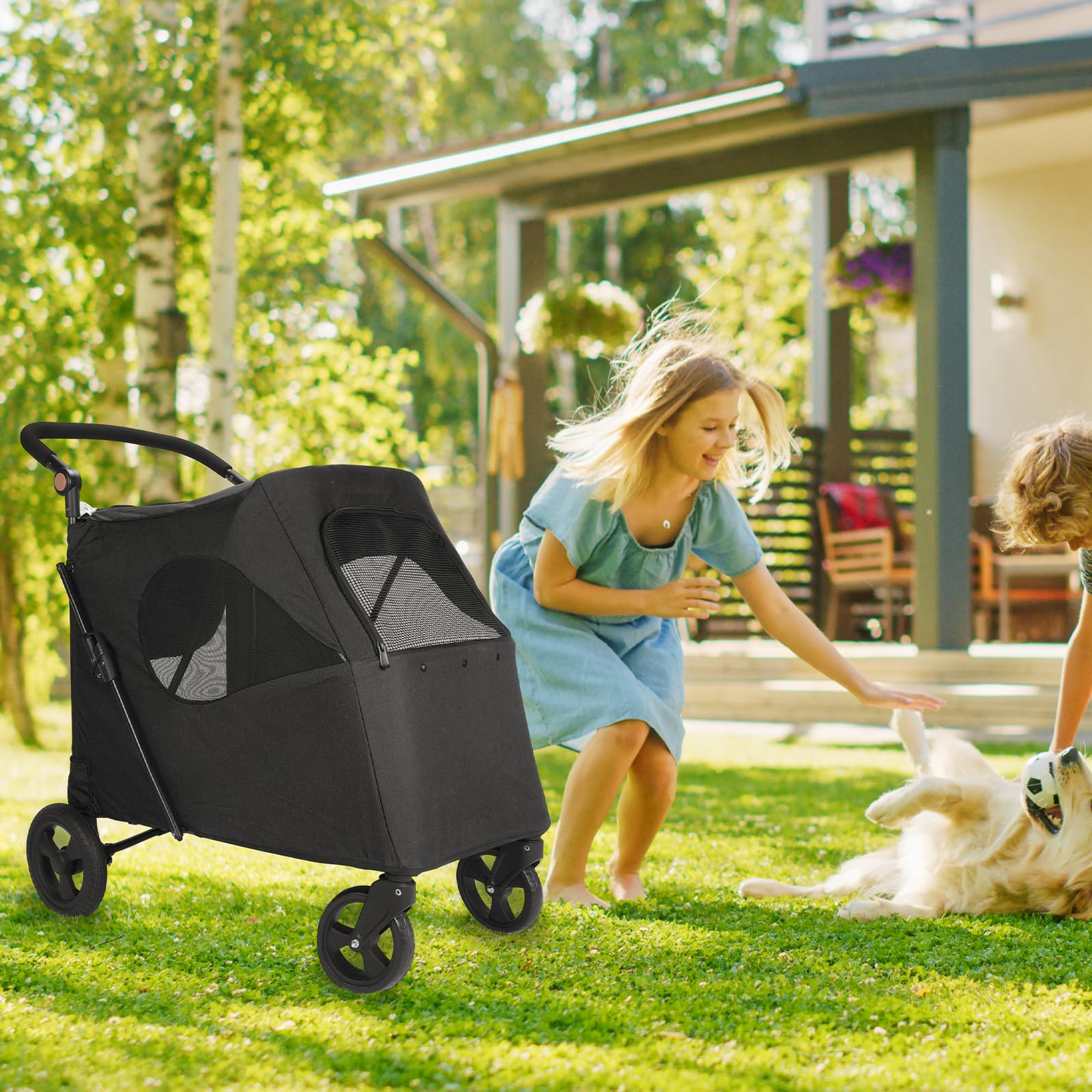 Timati 4-Wheel Large Dog Stroller - Foldable Travel Pet Wagon with Adjustable Handle & Zipper Entry - Breathable Mesh Skylight Cat Stroller for Medium Dogs 20-30 lbs (Supports up to 120 lbs) - Perfect for Outdoor Walks, Vet Visits & Shopping Trips (Black)