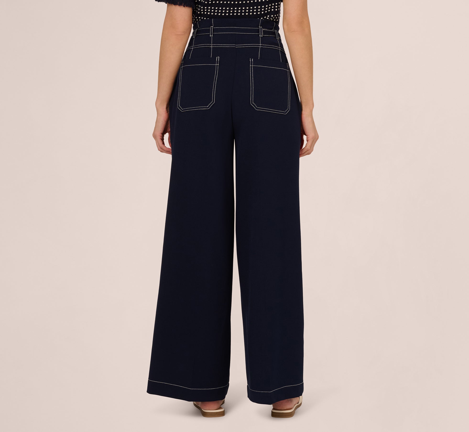Best Wide Leg Paperbag Pants with Belt - Navy & Ivory High Waisted Trousers for Women | Office Wear, Casual Outfits & Travel Comfort